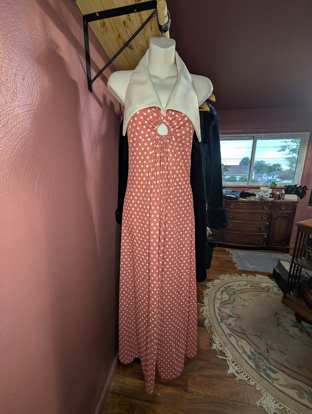 ILGWU Pink White Polka Dot Halter Maxi Dress Knit Polyester Zip Button Sz 9 70s